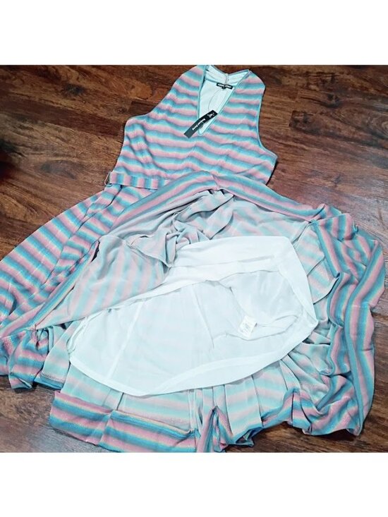 Samuel Dong Size M/L Striped Halter Midi Dress Handkerchief Hem & Metallic Sheen - Picture 6 of 15